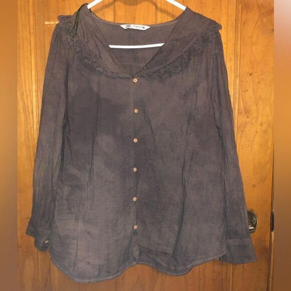 147. Zara Cottagecore Lace Trim Blouse - Dark Brown - Picture 1 of 4